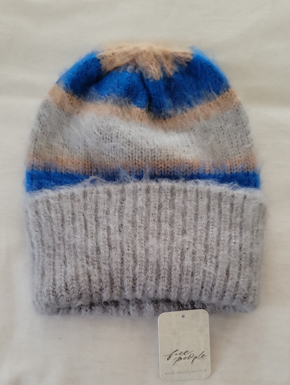 Free People OS Striped Fuzzy Beanie in Gray, Blue & Tan